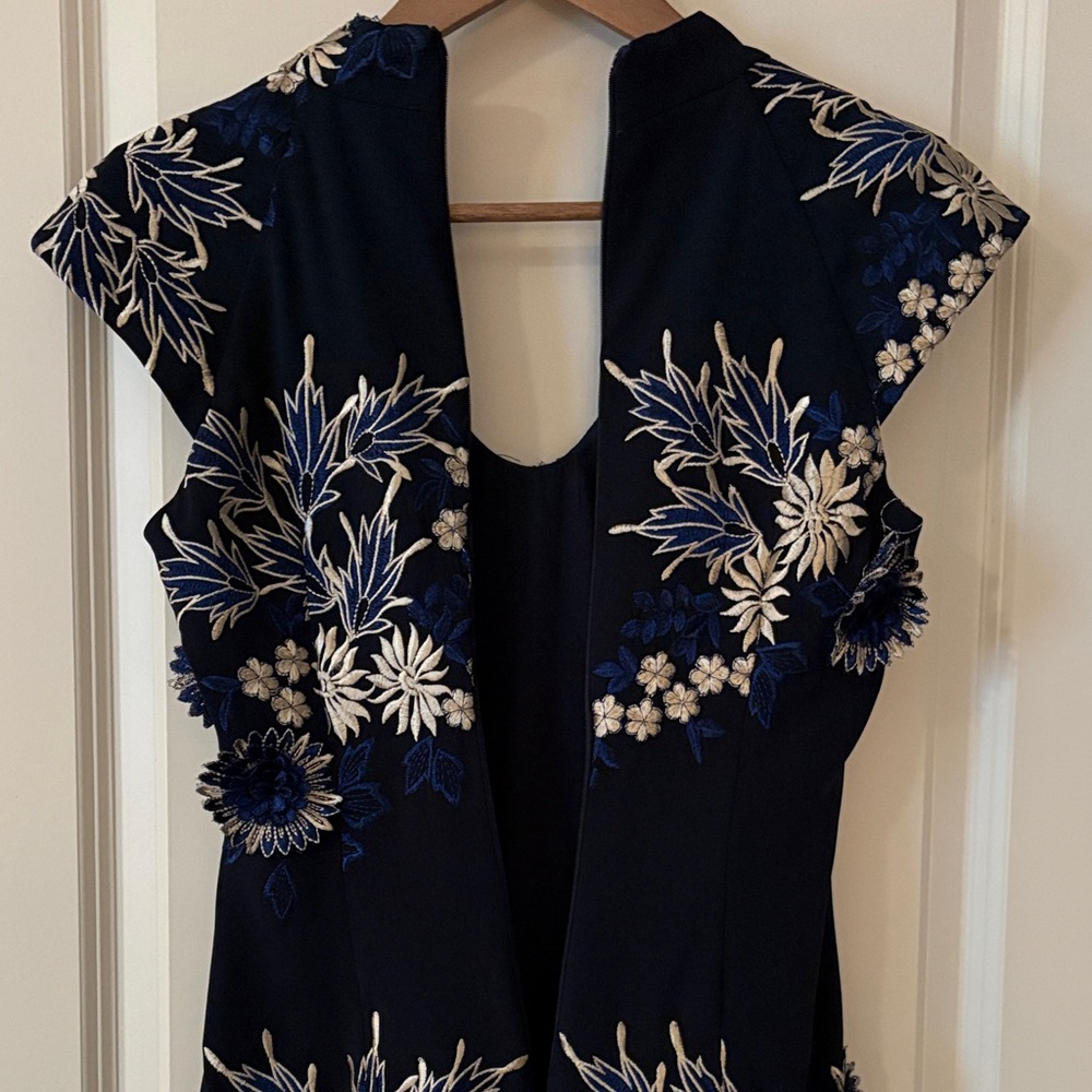 Badgley Mischka Navy Midi Dress with White & Blue Embroidered Floral Print - Picture 15 of 16